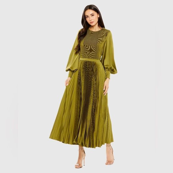 MAC DUGGAL 49718 Womens Olive Long Sleeve High Neck Heat Pleated Dress Flaws - Picture 3 of 14